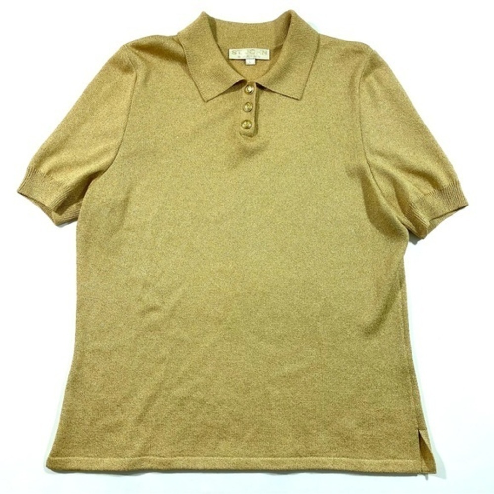 St John Santana Knit Collared Sweater Short Sleeve Gold Metallic